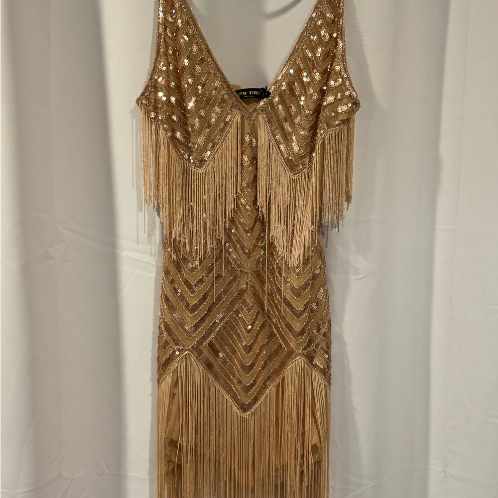 Elegant Gold Sequin Fringe Dress